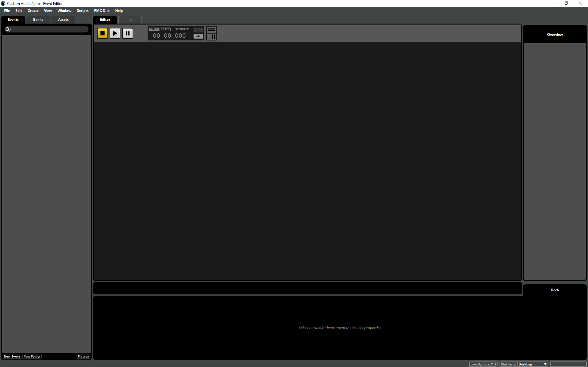 Image of FMOD Studio with Custom Audio Project loaded